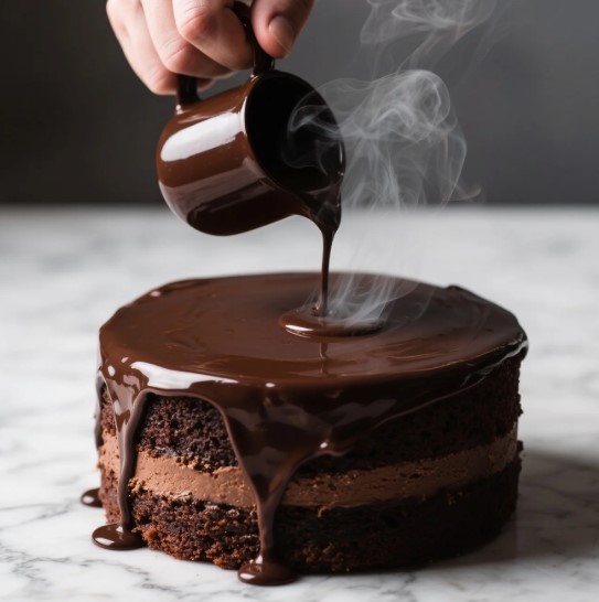 Covering Coffee Chocolate Cake With Hot Chocolate