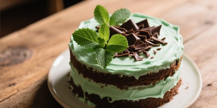 easy mint chocolate cake with fresh mint garnish