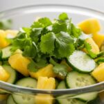 finished pineapple cucumber salad in glass bowl