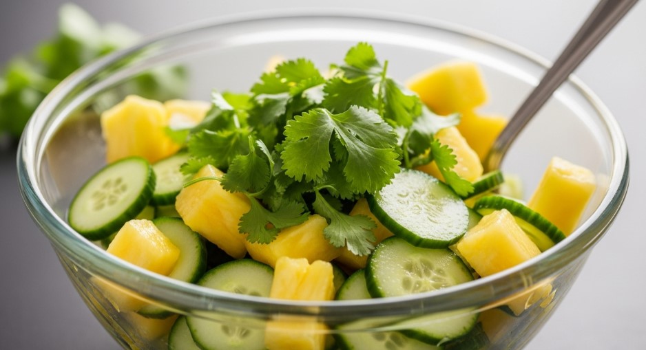 finished pineapple cucumber salad in glass bowl
