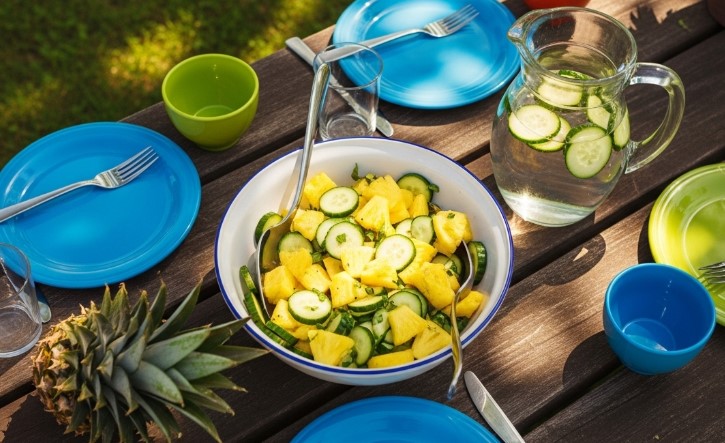 summer meal with pineapple cucumber salad