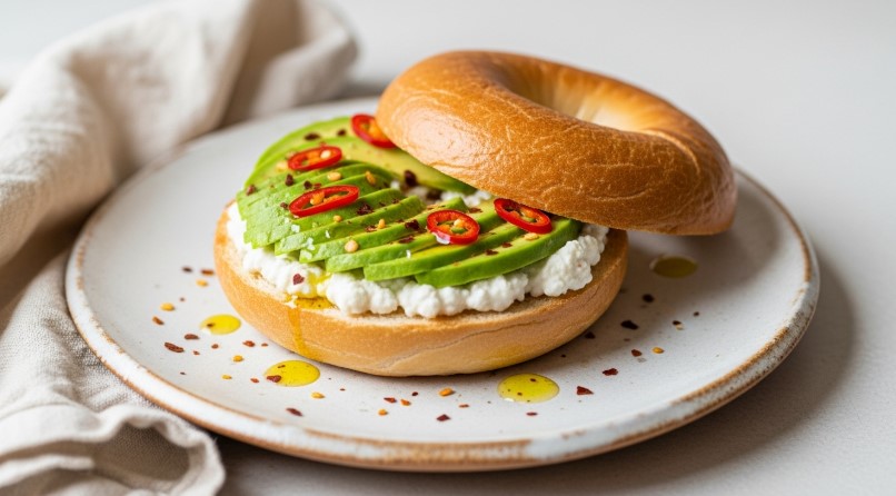 topped cottage cheese bagel with avocado and chili flakes