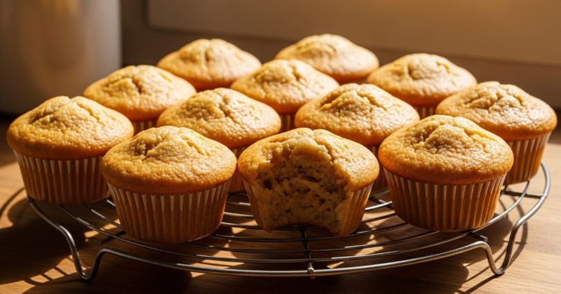 Moist banana cupcakes cooling on wire rack