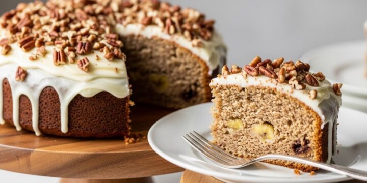 sliced banana bundt cake with pecans