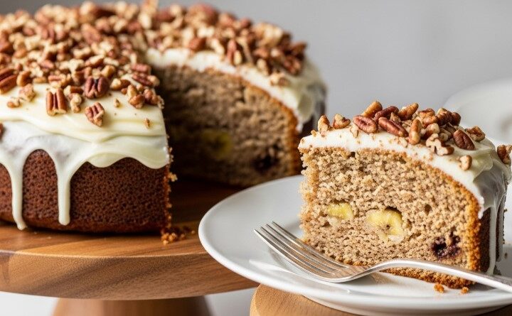 sliced banana bundt cake with pecans