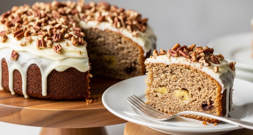 sliced banana bundt cake with pecans