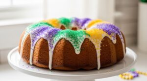 Bundt pan cinnamon roll king cake with Mardi Gras icing