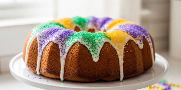 Bundt pan cinnamon roll king cake with Mardi Gras icing