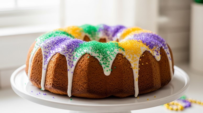 Bundt pan cinnamon roll king cake with Mardi Gras icing