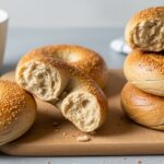 freshly baked cottage cheese bagels stacked with coffee