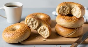 freshly baked cottage cheese bagels stacked with coffee
