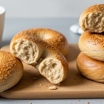 freshly baked cottage cheese bagels stacked with coffee