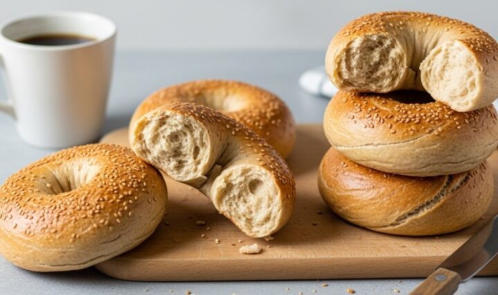 freshly baked cottage cheese bagels stacked with coffee