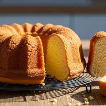 Freshly baked cream cheese pound cake cooling on a rustic table