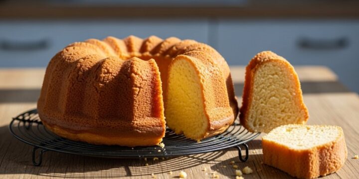 Freshly baked cream cheese pound cake cooling on a rustic table