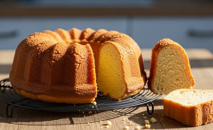 Freshly baked cream cheese pound cake cooling on a rustic table
