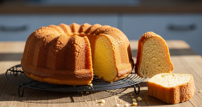 Freshly baked cream cheese pound cake cooling on a rustic table