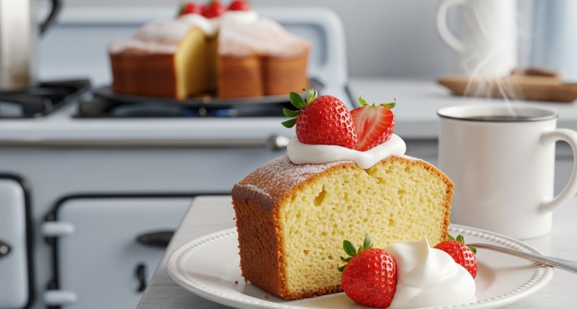Slice of cream cheese pound cake with strawberries and cream
