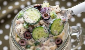 finished creamy high protein cucumber chicken salad