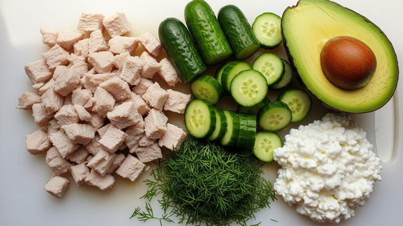 cucumber salad ingredients on cutting board