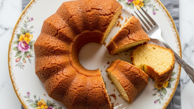 Day-old cream cheese pound cake sliced on a plate