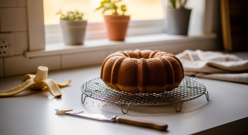easy banana bundt cake cooling in kitchen