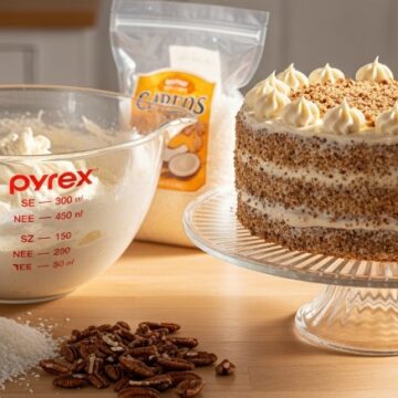 Cream cake batter with coconut and pecans in kitchen setting