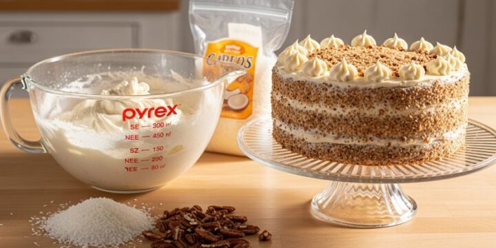Cream cake batter with coconut and pecans in kitchen setting