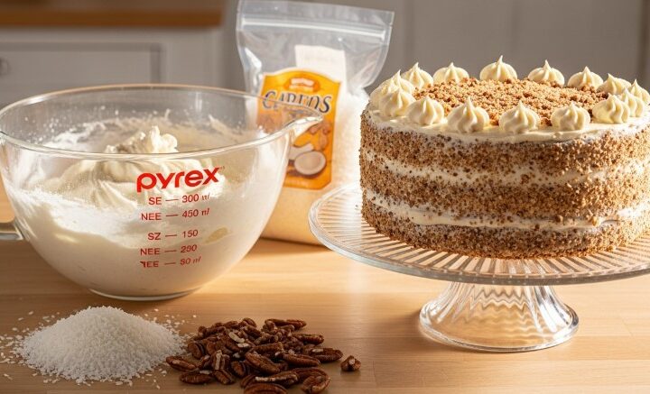 Cream cake batter with coconut and pecans in kitchen setting