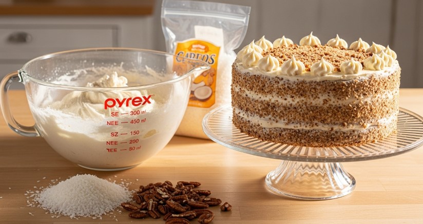 Cream cake batter with coconut and pecans in kitchen setting