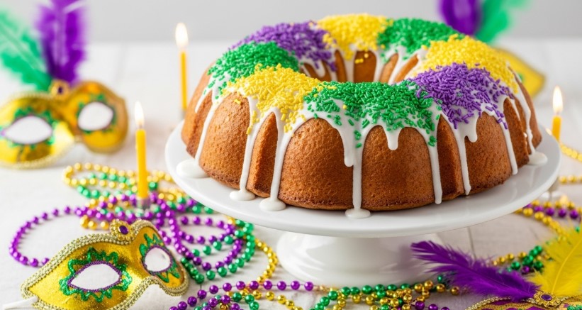 Festive Mardi Gras king cake with decorations