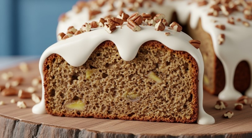 banana bundt cake with glaze and pecans