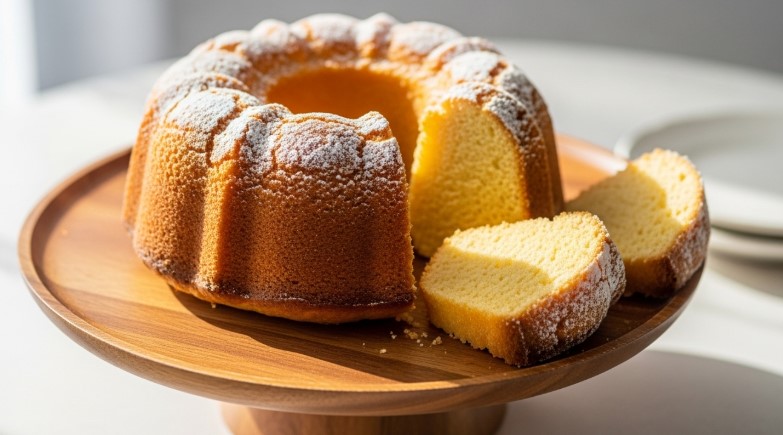 Finished cream cheese pound cake on cake stand