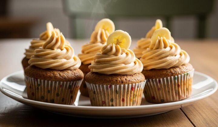 Easy banana cupcake recipe finished cupcakes with frosting