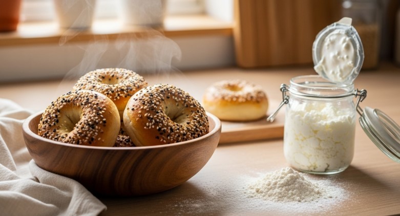 fresh cottage cheese bagels on a cozy kitchen counter