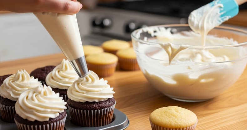 Cupcakes being decorated with cream cheese frosting