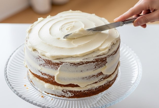 Spreading cream cheese frosting on Italian cream cake
