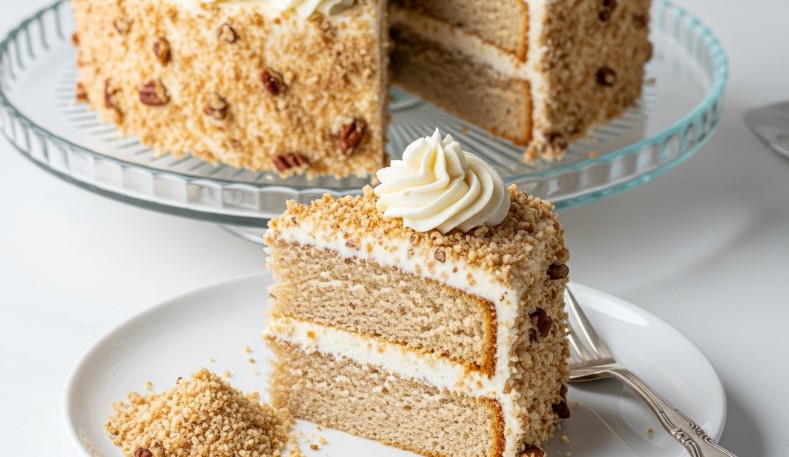 Full Italian cream cake on stand with coconut and frosting