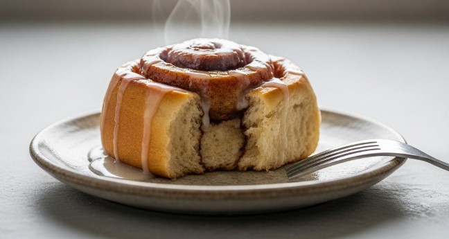 half-eaten sourdough cinnamon roll on plate with fork