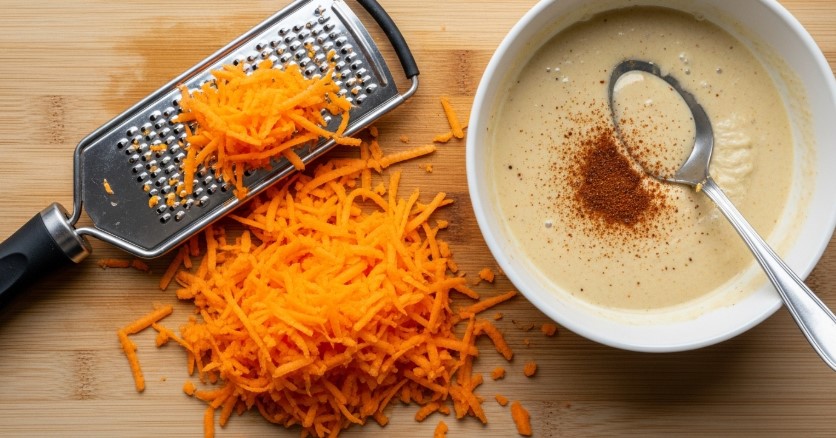 Chopped carrots on wooden board for cupcakes