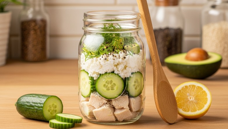 high protein cucumber salad layered in jar with herbs and chicken