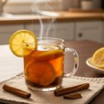 Hot Costa Rican tea in a mug with cinnamon and lemon
