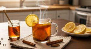 Hot Costa Rican tea in a mug with cinnamon and lemon