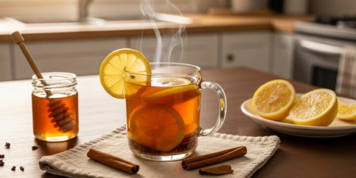 Hot Costa Rican tea in a mug with cinnamon and lemon