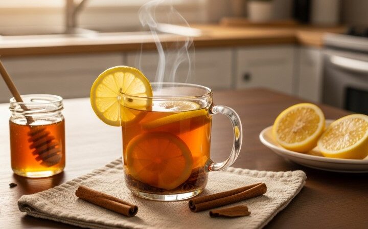 Hot Costa Rican tea in a mug with cinnamon and lemon