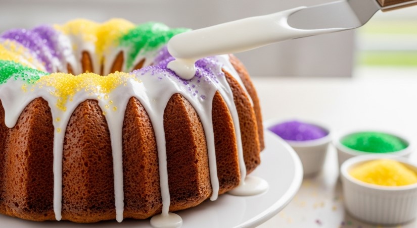 Spreading cream cheese icing on shortcut king cake