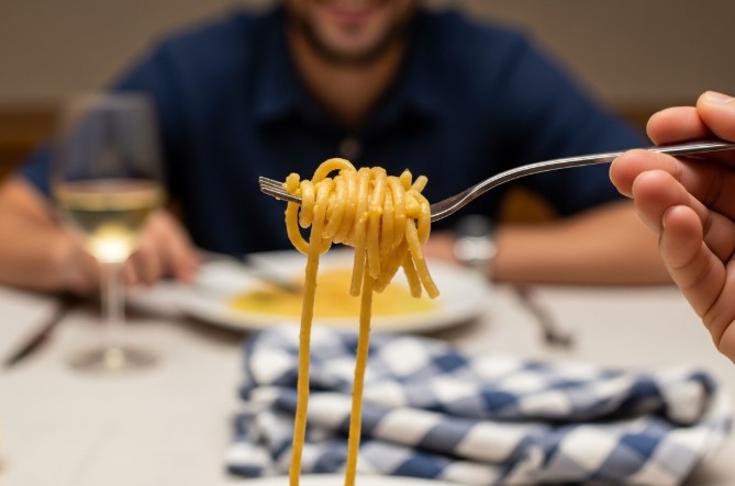 fork twirl of lemon garlic hummus pasta