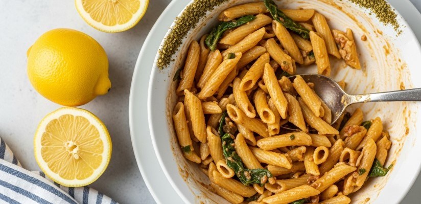 closeup of lemon hummus pasta with za’atar and lemon halves