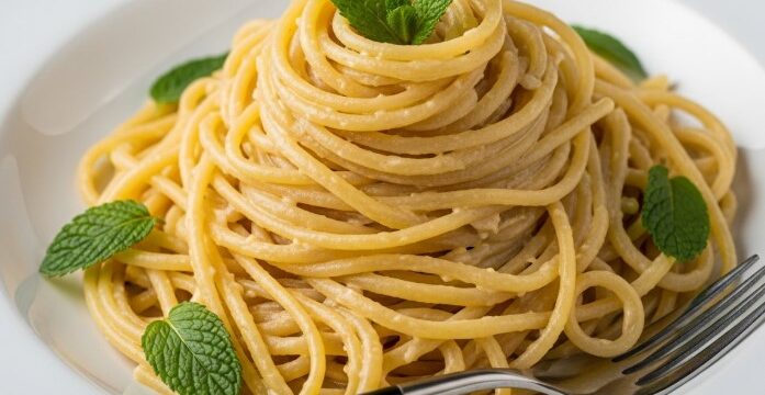 lemon hummus pasta finished dish with herbs