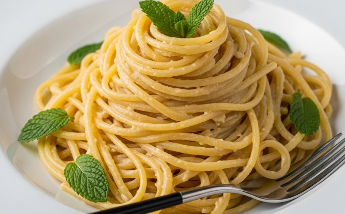 lemon hummus pasta finished dish with herbs
